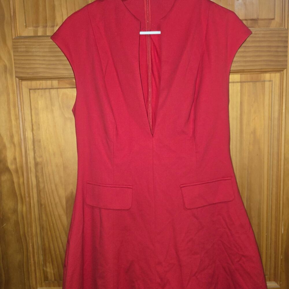 Plunge V-Neck Red Mini Dress with fake pockets! Size M